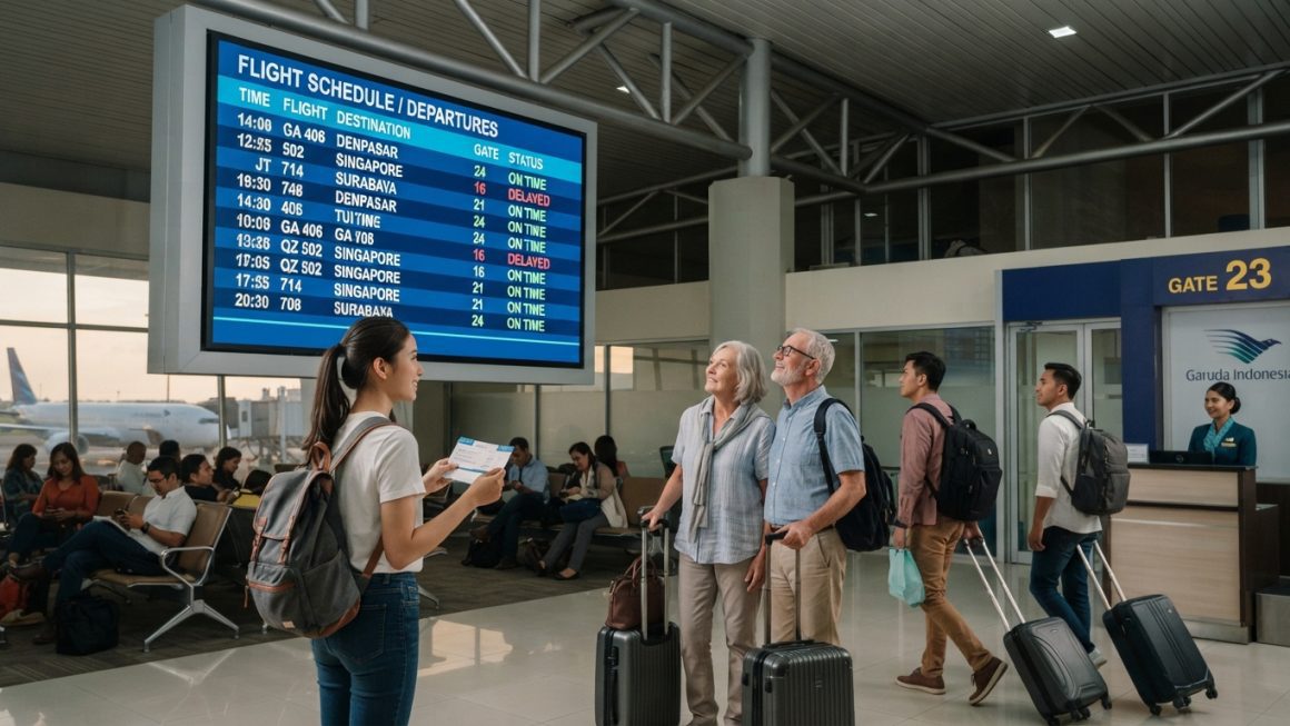 Suasana ruang tunggu bandara dengan papan jadwal penerbangan (Flight Schedule) Garuda Indonesia di Gate 23.