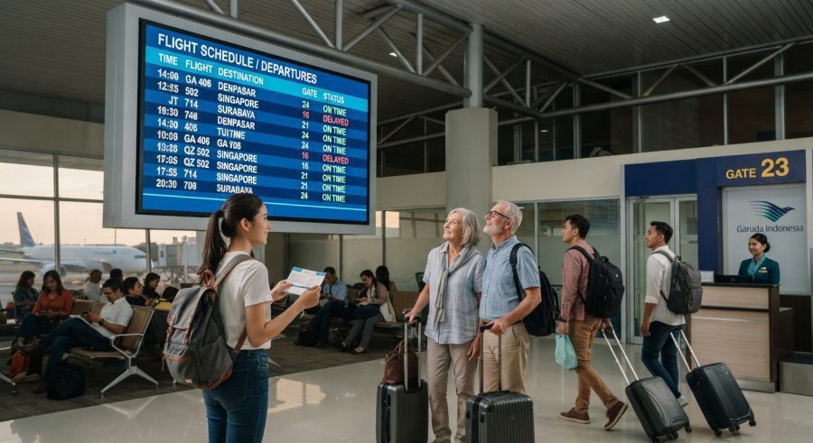Suasana ruang tunggu bandara dengan papan jadwal penerbangan (Flight Schedule) Garuda Indonesia di Gate 23.