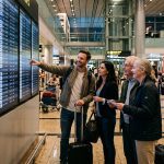 Pengunjung bandara melihat informasi penerbangan pada Flight Schedule TV
