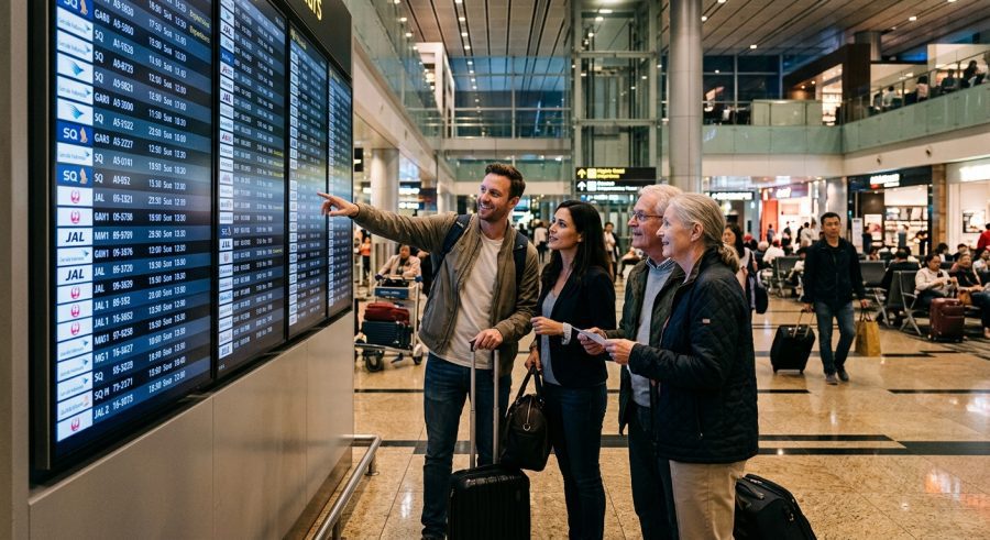 Pengunjung bandara melihat informasi penerbangan pada Flight Schedule TV
