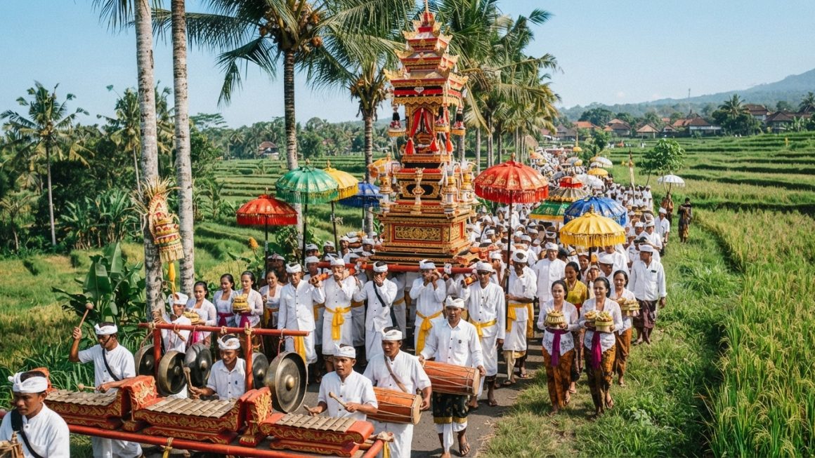 Prosesi upacara kematian di bali dengan gamelan dan payung warna cerah