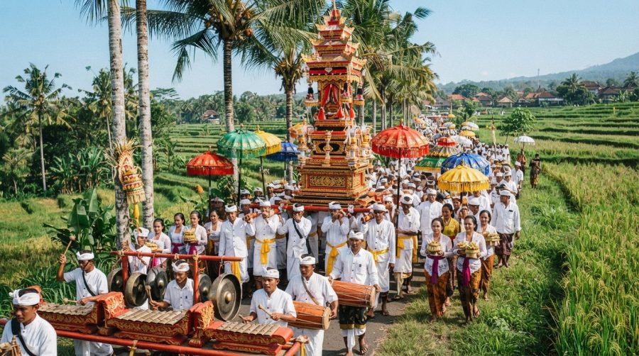 Prosesi upacara kematian di bali dengan gamelan dan payung warna cerah
