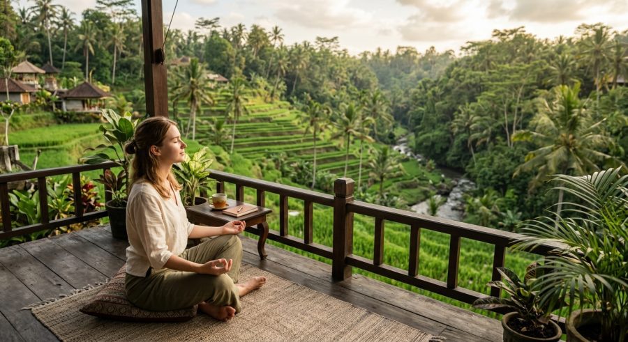 Seseorang sedang bermeditasi santai di balkon kayu dengan pemandangan lanskap terasering sawah hijau dan hutan tropis yang asri di Ubud, Bali.