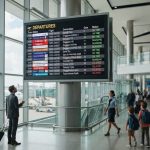 Layar informasi jadwal penerbangan Departure di terminal bandara modern yang sibuk.