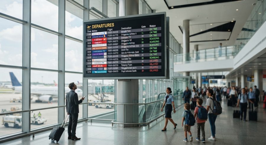 Layar informasi jadwal penerbangan Departure di terminal bandara modern yang sibuk.