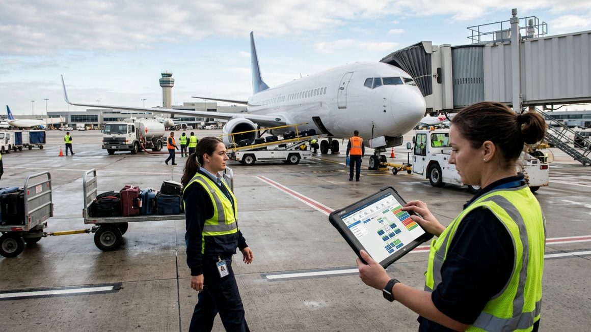 Petugas ground handling bandara sedang menggunakan perangkat tablet cerdas di area apron dengan latar belakang pesawat terbang dan peralatan operasional bandara.