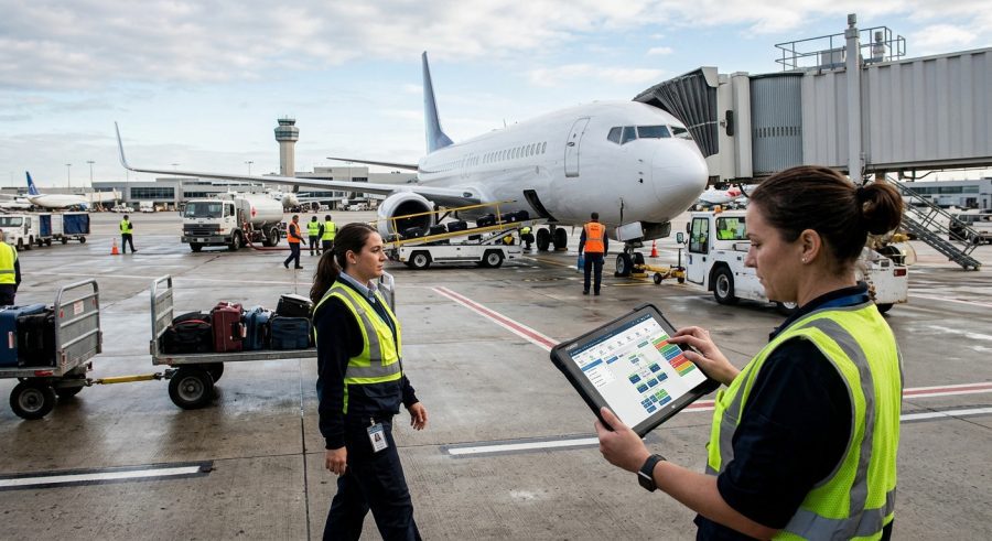 Petugas ground handling bandara sedang menggunakan perangkat tablet cerdas di area apron dengan latar belakang pesawat terbang dan peralatan operasional bandara.