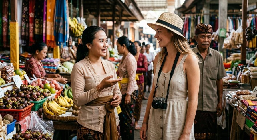 Wisatawan sedang berinteraksi ramah menggunakan panggilan khas Bali dengan warga lokal di pasar tradisional