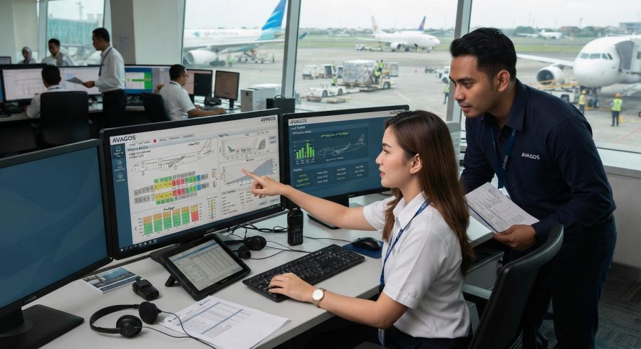 Petugas operasional penerbangan menggunakan modul load control AVAGOS untuk optimasi weight and balance