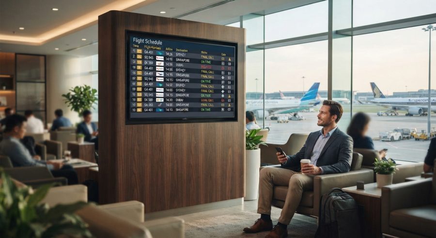 Flight schedule tv tanpa biaya bulanan di ruang tunggu bandara yang modern