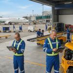 Petugas ground handling bandara menggunakan tablet untuk manajemen alat berat GSE Management AVAGOS