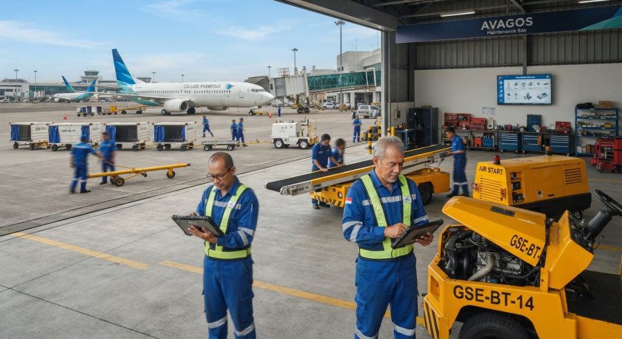Petugas ground handling bandara menggunakan tablet untuk manajemen alat berat GSE Management AVAGOS