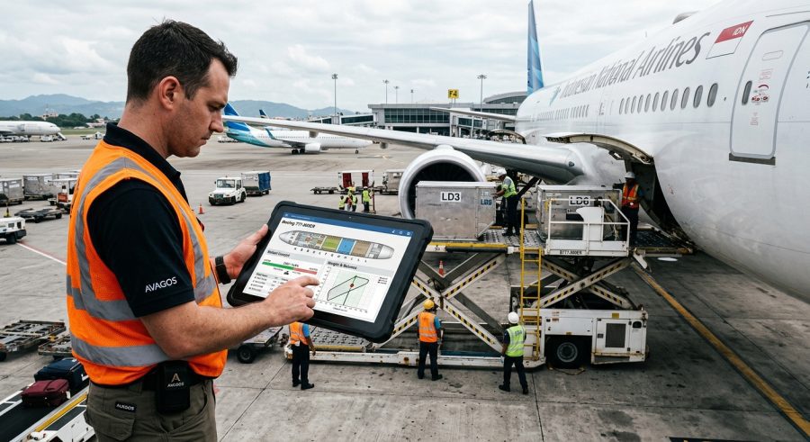 Petugas ground handling mengecek data Weight & Balance pesawat menggunakan modul Load Control AVAGOS