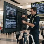 Teknisi memperbaiki sistem eror pada flight schedule tv bandara