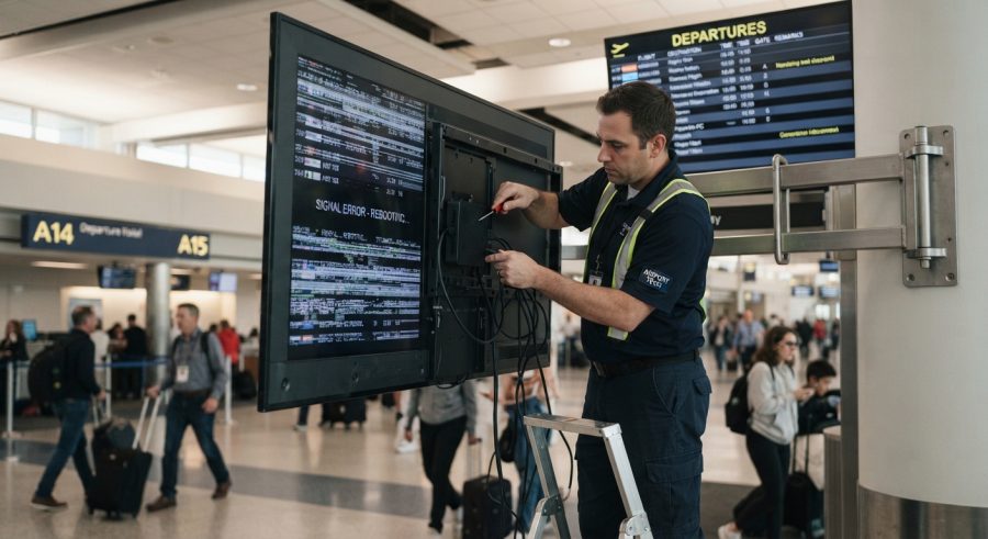 Teknisi memperbaiki sistem eror pada flight schedule tv bandara