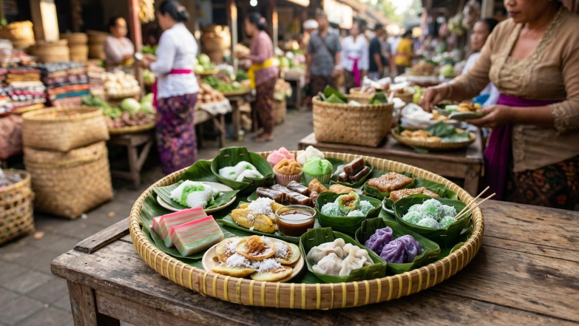 Ragam jajanan pasar tradisional Bali yang disajikan di tampah bambu di pasar tradisional