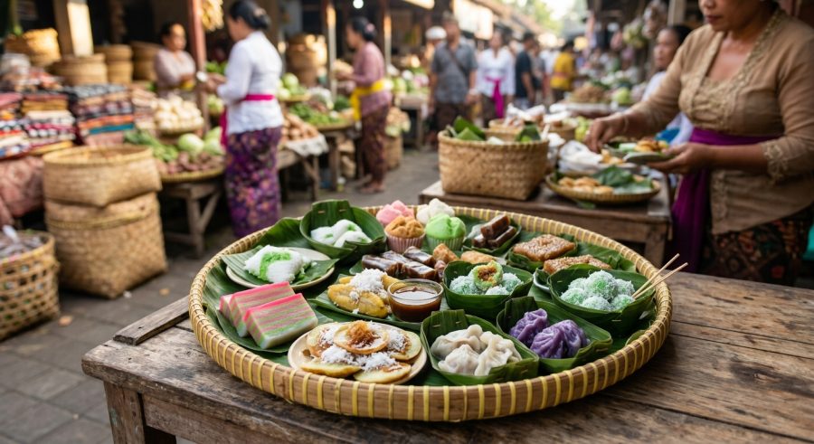 Ragam jajanan pasar tradisional Bali yang disajikan di tampah bambu di pasar tradisional