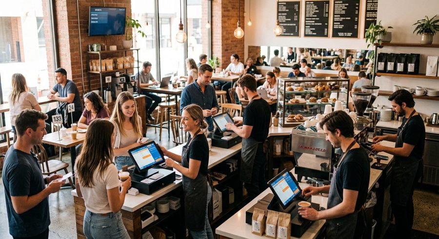 Suasana kafe modern yang ramai dan efisien dengan sistem kasir OMASYS